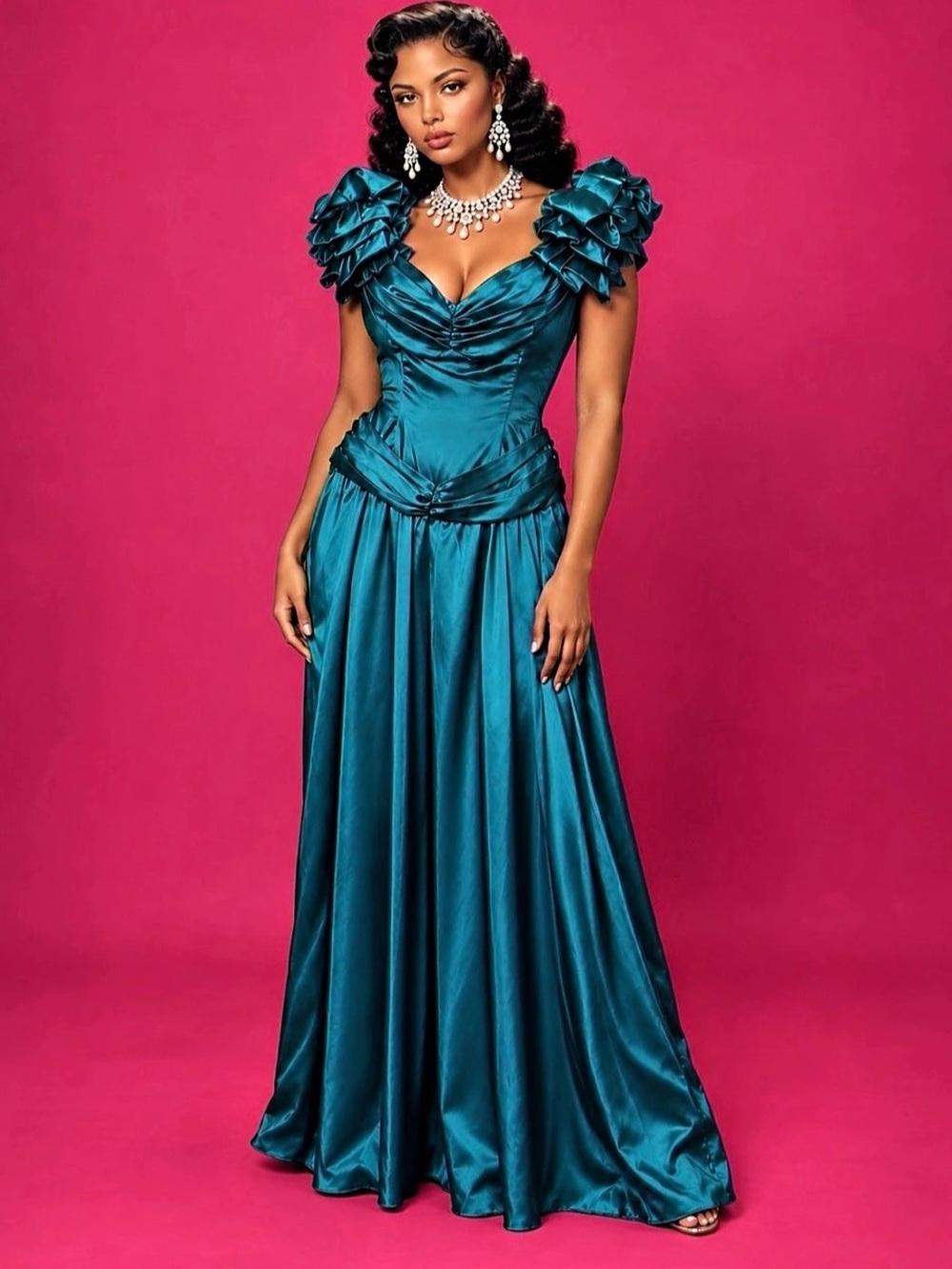 Vintage 80s/90s Teal Satin Ruffle Formal Maxi Dress Size 14